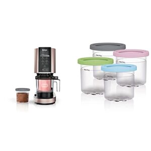 ninja nc301 creami ice cream maker, rose gold & xskpld4bcd pints 4 pack, compatible with nc299amz & nc300s series creami ice cream makers, 1, clear/grey/lime/pink/acqua