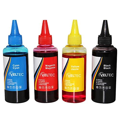 Veltec Premium Universal Refill Dye Ink for Epson, Canon, HP, Lexmark, Brother, Samsung, Dell, Kodak and Most Inkjet Printers – 4 Colors (3.4 oz Each Bottle)