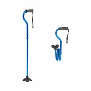 medline offset folding cane, 4-point base with cushioned gel handle, supports up to 350 lbs, blue