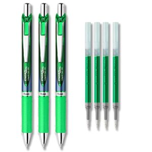pentel energel deluxe rtx liquid gel ink pen set kit, pack of 3 with 4 refills (green – 0.5mm)