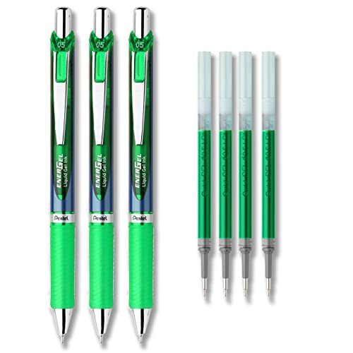 Pentel EnerGel Deluxe RTX Liquid Gel Ink Pen Set Kit, Pack of 3 with 4 Refills (Green - 0.5mm)