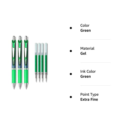 Pentel EnerGel Deluxe RTX Liquid Gel Ink Pen Set Kit, Pack of 3 with 4 Refills (Green - 0.5mm)