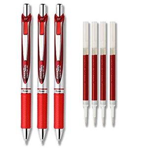 pentel energel deluxe rtx liquid gel ink pen set kit, pack of 3 with 4 refills (red – 0.7mm)