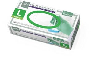 medline professional powder-free nitrile aloe green exam gloves, 9.5-inch cuff, size large, box of 100