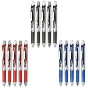 pentel energel retractable liquid gel pen 0.5mm fine line needle tip color (black.blue.red) ink-each 5 pens/total 15 pens special value set