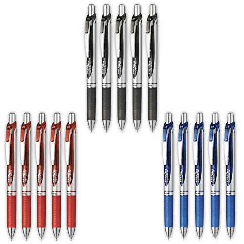 Pentel Energel Retractable Liquid Gel Pen 0.5mm Fine Line Needle Tip color (Black.blue.red) Ink-each 5 Pens/total 15 Pens Special Value Set