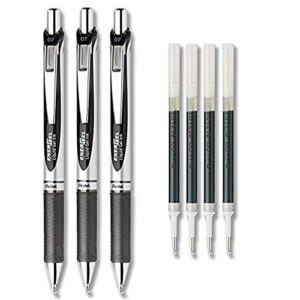 pentel energel deluxe rtx liquid gel ink pen set kit, pack of 3 with 4 refills (black – 0.7mm)