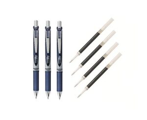 pentel energel deluxe rtx liquid gel ink pen set kit, pack of 3 with 4 refills (0.7mm) (navy blue)