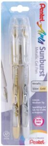 pentel arts sunburst metallic gel pen, medium line, permanent, gold and silver ink, 2 pack (k908bpxz)