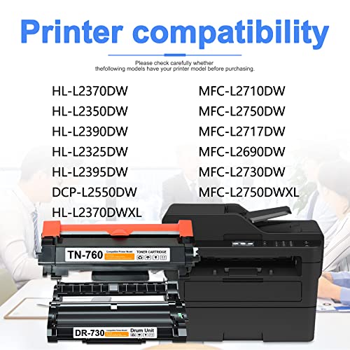 [1Drum+1Toner,2 Pack] Compatible High Yeild DR730 DR-730 Drum Unit & TN760 TN-760 Toner Cartridge Replacement for Brother HL-L2395DW MFC-L2750DW HL-L2390DW HL-L2370DW MFC-L2710DW DCP-L2550DW Printer