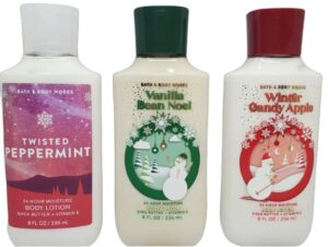 bath and body works holiday traditions christmas lotion gift set of 3 full size body lotions: vanilla bean noel, winter candy apple, and twisted peppermint (large 8 ounce bottles)