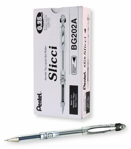 Pentel Arts Slicci 0.25 mm Extra Fine Gel Pen, Black Ink, Box of 12 (BG202-A)