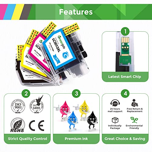 Greenjob LC3013 LC3011 Compatible Ink Cartridge Replacement for Brother LC3013 LC3011 LC-3013 Compatible with MFC-J491DW MFC-J497DW MFC-J895DW MFC-J690DW (1 Black, 1 Cyan, 1 Magenta, 1 Yellow).