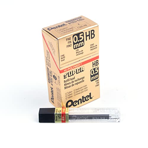 Pentel Super Hi-Polymer Lead Refills, 0.5mm, 12 Leads per Tube, Black (C505-HB)