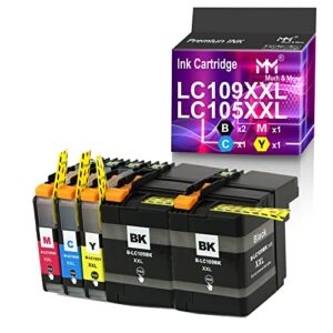 mm much&more ink cartridge replacement for brother lc109 xxl lc109bk lc109xxl lc-109 lc105 lc105xxl lc-105 work with mfc-j6520dw j6720dw j6920dw printer (2 black + cyan + magenta + yellow)