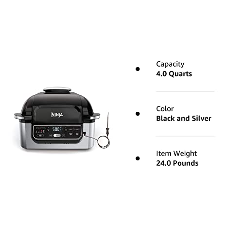 Ninja Foodi Pro 5-in-1 Integrated Smart Probe and Cyclonic Technology Indoor Grill, Air Fryer, Roast, Bake, Dehydrate (AG400), 10" X 10", Black and Silver (Renewed)