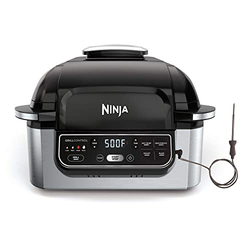 Ninja Foodi Pro 5-in-1 Integrated Smart Probe and Cyclonic Technology Indoor Grill, Air Fryer, Roast, Bake, Dehydrate (AG400), 10" X 10", Black and Silver (Renewed)