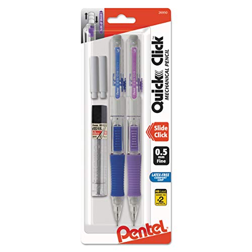 Pentel PD215LEBP2 Quick Click Mechanical Pencil, HB, No.2, 0.5 mm, Assorted Barrel, 2/Pack