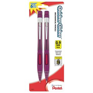 pentel quicker clicker automatic pencil, 0.9mm, assorted barrel colors, color may vary, 2 pack (pd349bp2-k6)