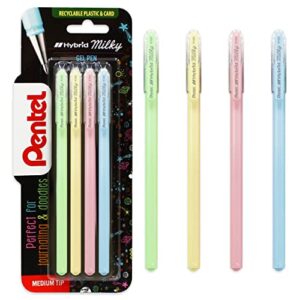 pentel hybrid – milky gel rollerball pen – k108 – blister pack of 4 pastel pens – green, yellow, pink and blue