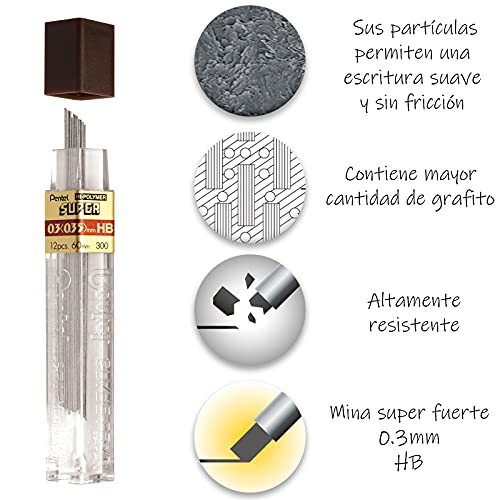 Pentel, 300-HB, Super Hi-Polymer Lead Refills, 0.3 mm, HB, Black, 12/Tube, Sold As 1 Tube