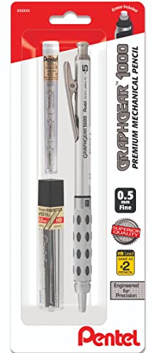 Pentel GraphGear 1000 Automatic Mechanical Drafting Pencil 0.5 mm - Includes Lead Refills & Eraser - Chiseled Metallic Grip with Soft Pads