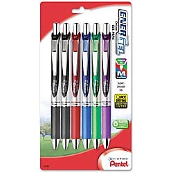 pentel energel rtx retractable liquid gel pens, medium point, 0.7 mm, 54% recycled, silver barrel, assorted ink colors, pack of 6 pens