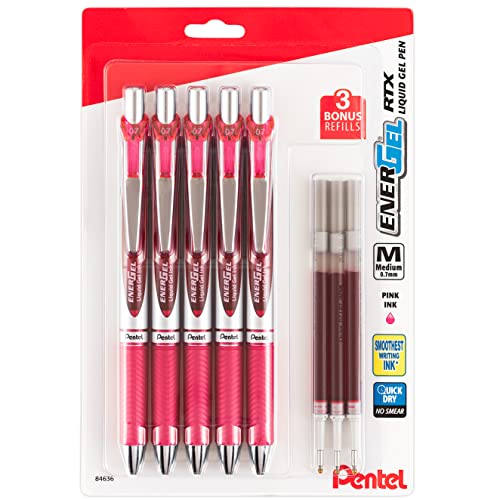 Pentel EnerGel 0.7 mm Liquid Gel Ink Pens - Pack of 5 Pink Deluxe RTX Energel Pens with 3 Refills