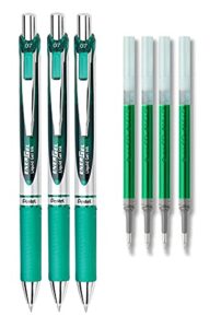 pentel energel deluxe rtx liquid gel ink pen set kit, pack of 3 with 4 refills (green – 0.7mm)