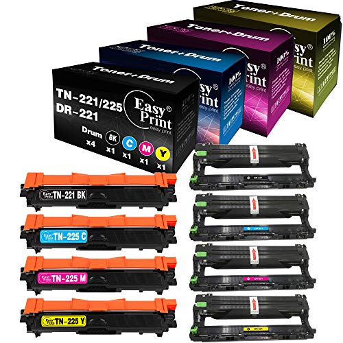 (Toner Set + Drum Set) Compatible TN221-225 Toner Cartridge and DR221CL Imaging Drum Unit Used for Brother HL-3140CW MFC-9130CW MFC-9140CDN DCP-9020CDN Laser Printer (Total 8-Pack), by EasyPrint