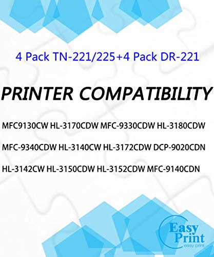 (Toner Set + Drum Set) Compatible TN221-225 Toner Cartridge and DR221CL Imaging Drum Unit Used for Brother HL-3140CW MFC-9130CW MFC-9140CDN DCP-9020CDN Laser Printer (Total 8-Pack), by EasyPrint