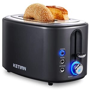 toaster 2 slice ketian retro bagel toaster 1.5’’ extra wide slot, 6 toast settings cancel reheat bagel defrost functions, removable crumb tray, 800w, black
