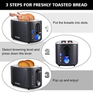 Toaster 2 Slice KETIAN Retro Bagel Toaster 1.5’’ Extra Wide Slot, 6 Toast Settings Cancel Reheat Bagel Defrost Functions, Removable Crumb Tray, 800W, Black