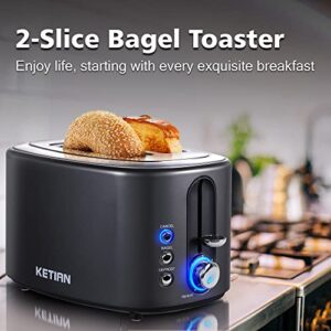 Toaster 2 Slice KETIAN Retro Bagel Toaster 1.5’’ Extra Wide Slot, 6 Toast Settings Cancel Reheat Bagel Defrost Functions, Removable Crumb Tray, 800W, Black