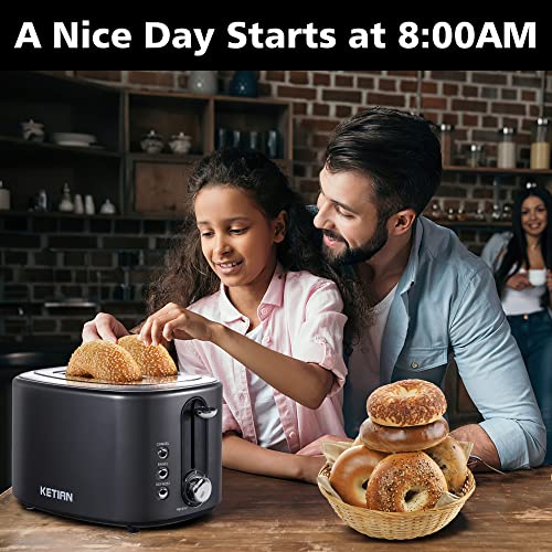 Toaster 2 Slice KETIAN Retro Bagel Toaster 1.5’’ Extra Wide Slot, 6 Toast Settings Cancel Reheat Bagel Defrost Functions, Removable Crumb Tray, 800W, Black