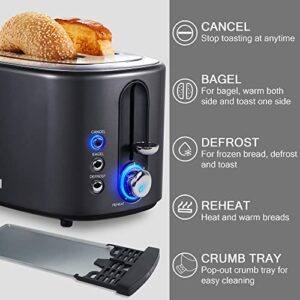 Toaster 2 Slice KETIAN Retro Bagel Toaster 1.5’’ Extra Wide Slot, 6 Toast Settings Cancel Reheat Bagel Defrost Functions, Removable Crumb Tray, 800W, Black