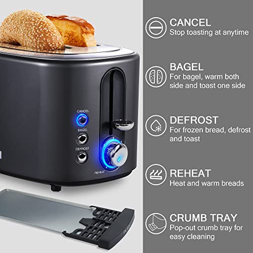 Toaster 2 Slice KETIAN Retro Bagel Toaster 1.5’’ Extra Wide Slot, 6 Toast Settings Cancel Reheat Bagel Defrost Functions, Removable Crumb Tray, 800W, Black