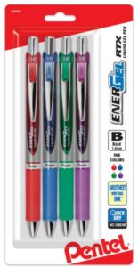 pentel energel rtx retractable liquid gel pen, (1.0mm) metal tip, bold line, assorted ink colors (red, blue, green, violet)