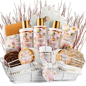 spa gift baskets for women, gift basket for women, bath and body gift set – 13pc coconut caramel self care gift basket, bubble bath, shampoo, body scrub, lotion, salts, bath bomb & more