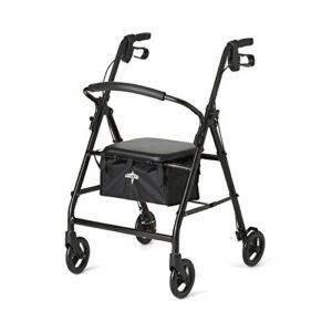 medline aluminum rollator walker with seat, folding mobility rolling walker has 6 inch wheels, black