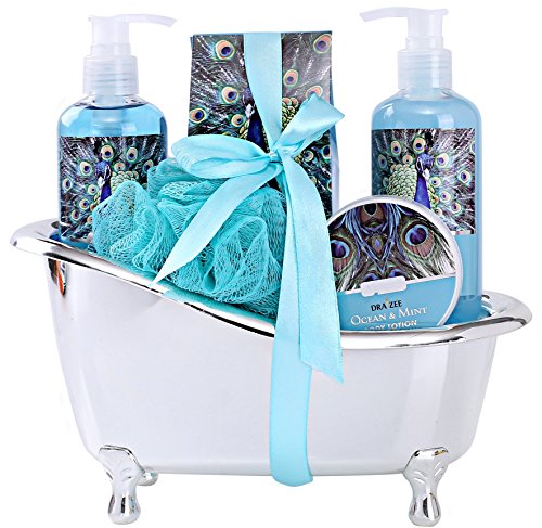 Valentine's Day Home Bath and Body Spa Gift Basket Set for Women with Refreshing “Ocean Mint” Fragrance -#1 Valentine's Day Gift for Her – Relax Luxury Skin Care Set Includes Gels Lotions & More