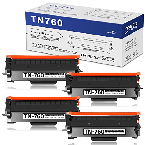 HRXDZGS 4 Pack High Yield TN-760 TN760 Toner Cartridge Replacement Compatible for Brother TN760 Toner HL-L2350DW L2370DW/DWXL L2390DW DCP-L2550DW MFC-L2710DW Printer Toner Cartridge (4PK,Black)