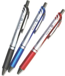 pentel energel deluxe rtx retractable liquid gel pen,0.5mm, fine line, needle tip, black.blue.red ink-value set of 3