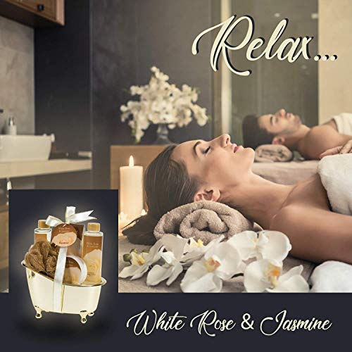 White Rose Jasmine Spa Set For Women Displayed in Elegant Gold Tub Includes Shower Gel, Bubble Bath, Body Lotion, Jasmine Bath Salt and Pouf, Award Winning Bath and Body Set