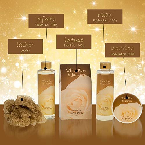 White Rose Jasmine Spa Set For Women Displayed in Elegant Gold Tub Includes Shower Gel, Bubble Bath, Body Lotion, Jasmine Bath Salt and Pouf, Award Winning Bath and Body Set