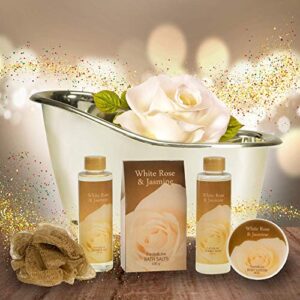 White Rose Jasmine Spa Set For Women Displayed in Elegant Gold Tub Includes Shower Gel, Bubble Bath, Body Lotion, Jasmine Bath Salt and Pouf, Award Winning Bath and Body Set