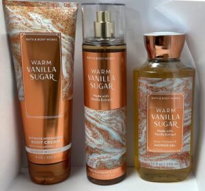 bath & body works warm vanilla sugar fine fragrance mist, body cream and shower gel – full size