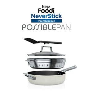 Ninja CW102WH Foodi NeverStick PossiblePan, Premium Set with 4-Quart Capacity Pan, Steamer/Strainer Basket, Glass Lid & Integrated Spatula, Nonstick, Durable & Oven Safe to 500°F, Vanilla Bean