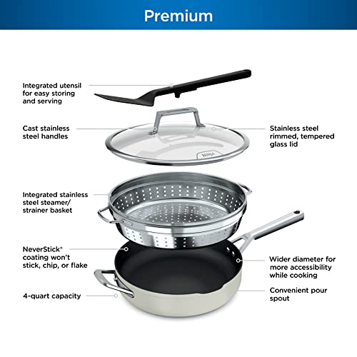 Ninja CW102WH Foodi NeverStick PossiblePan, Premium Set with 4-Quart Capacity Pan, Steamer/Strainer Basket, Glass Lid & Integrated Spatula, Nonstick, Durable & Oven Safe to 500°F, Vanilla Bean