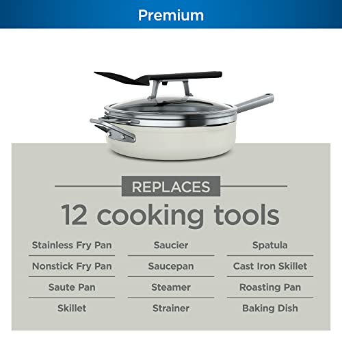 Ninja CW102WH Foodi NeverStick PossiblePan, Premium Set with 4-Quart Capacity Pan, Steamer/Strainer Basket, Glass Lid & Integrated Spatula, Nonstick, Durable & Oven Safe to 500°F, Vanilla Bean